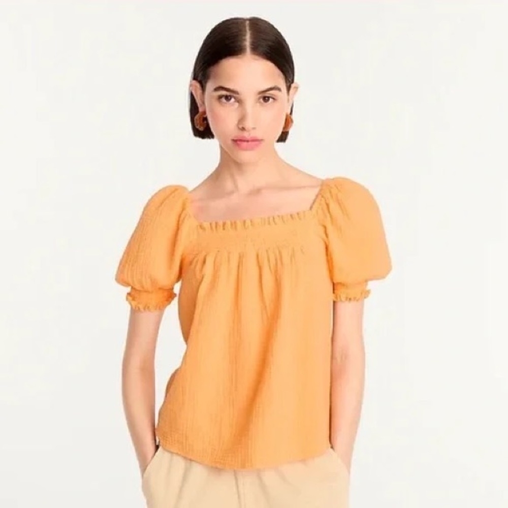 J Crew Squareneck puff-sleeve soft gauze top in orange sherbet, size small